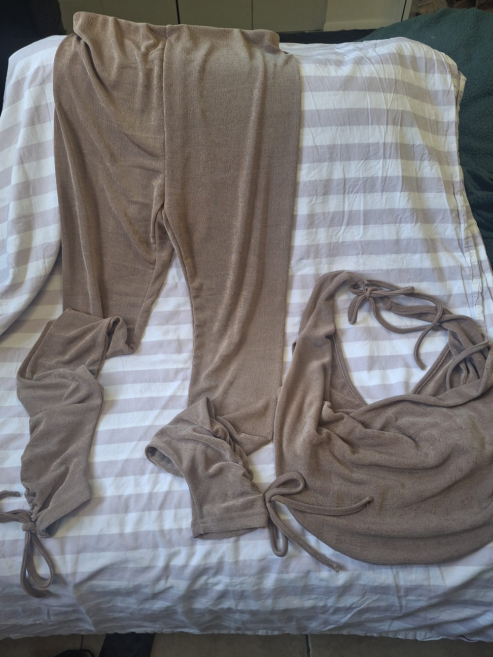 SHEIN Taupe Ribbed Halter Tie & Pull-On Lounge Set